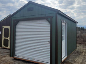 A187: Roll Up door on Utility Shed 10x16 Rosemary Green with Dark Clove Trim and  Burnished Slate Roof - no permit required