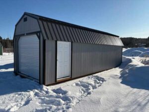 A195 Roll Up door on Lofted Barn 12x28 Gap Grey, Black Trim, and Black Roof - a permit is easy
