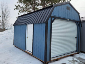 B157 Roll Up door on Lofted Barn 12x16 Smoky Blue, Black Trim with Black roof - permit is easy
