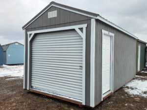 B167: Roll Up door on Utility Shed 10x20 Gauntlet Grey with White Trim and Charcoal Roof- a permit is easy