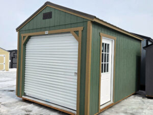 B186: Roll Up door on Utility Shed 10x16 Rosemary with Thatch Brown Trim and  Burnished Slate Roof - no permit required
