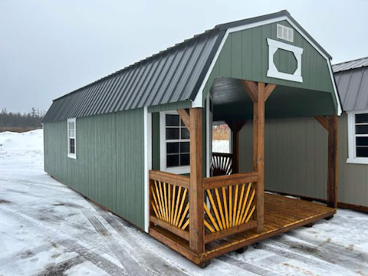 830: Deluxe Playhouse on Lofted Barn 12x32 Rosemary Green with White Trim and Black Roof - a permit is easy