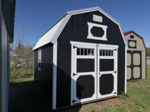 A2004 Lofted Barn 10x16 Black, White Trim with Silver Roof - no permit required