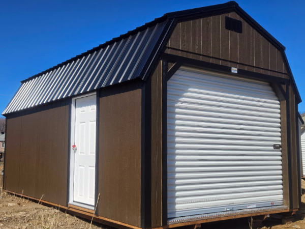A2111 Roll Up door on Lofted Barn 12x20 Dark Clove, Black Trim, and Burnished Slate Roof - a permit is easy SOLD