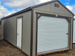 A2128: Roll Up door on Utility Shed 12x28 Hardware grey with Dark Clove Trim and Burnished Slate Roof - a permit is easy