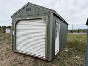 B2188: Roll Up door on Utility Shed 10x20 Rosemary with Hardware Trim and Burnished Slate Roof - a permit is easy
