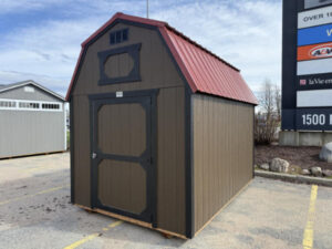 C2084 Lofted Barn 8x12 Dark Clove, Black trim, Rustic Red roof - no permit required