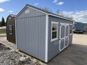 C2214 Utility Shed 10x16 Steely Grey with White Trim and Charcoal roof - no permit required