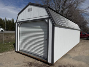 C2245 Roll Up door on Lofted Barn 12x28 White, Peppercorn Grey Trim, and Charcoal Roof - a permit is easy