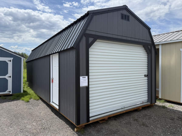 A2104 Roll Up door on Lofted Barn 12x28 Peppercorn Grey w/ Black Trim, and Black Roof - a permit is easy
