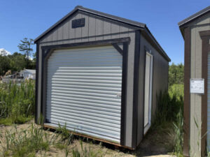 A2145: Roll Up door on Utility Shed 10x20 Gauntlet Grey with Black Trim and Charcoal Roof - a permit is easy
