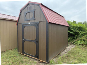 A2083 Lofted Barn 8x12 Dark Clove, Black Trim with Rustic Red Roof - no permit required