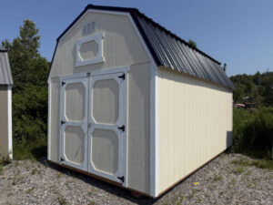A1958 Lofted Barn 10x16 Eaglet Beige and White Trim with Black Roof - no permit required