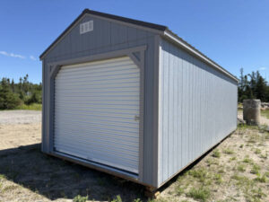 A2051: Roll Up door on Utility Shed 12x28 Steely Grey with Pewter Cast Trim and Charcoal Roof - a permit is easy SOLD