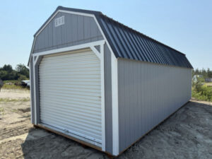 A2102: Roll Up door on Utility Shed 12x28 Steely Grey with White Trim and Black Roof - a permit is easy