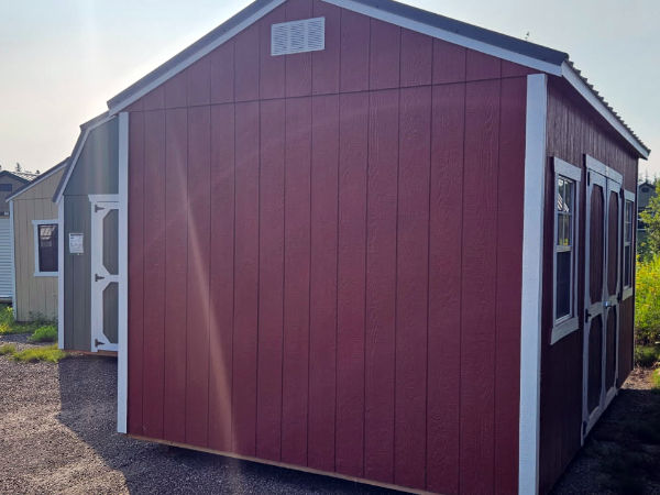 A1938 Utility Shed 10x16 Rustic Red and White and Burnished Slate roof - no permit required