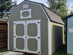 A1947 Lofted Barn 10x16 Hardware with White Trim and Charcoal Roof - no permit required