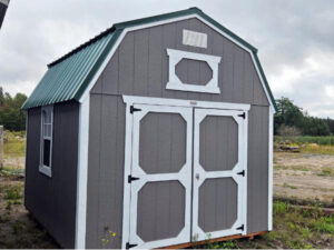 A1981 Lofted Barn 10x12 Gauntlet Grey with White Trim and Hunter Green Roof - no permit required