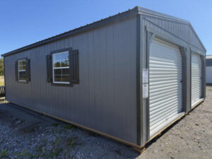 A2247: Roll Up doors on Utility Shed 24x28 Peppercorn Grey with Black Trim and Black Roof - a permit is easy