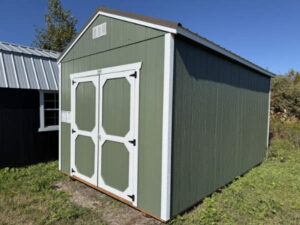 A2486 Utility 10x16 Rosemary green with White Trim and Burnished Slate roof - no permit required