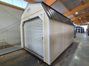 A2499 Roll Up door on Lofted Barn 10x16 Eaglet Beige, White Trim with Burnished Slate roof - no permit required