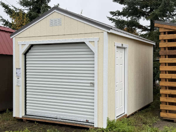 A2536: Roll Up door on Utility Shed 10x16 Eaglet Beige with White Trim and Charcoal Roof - no permit required
